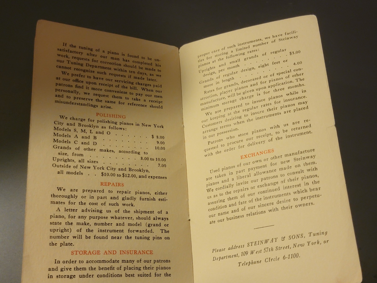 Vintage Steinway & Co. Booklet “Hints On The Care of Your Piano”