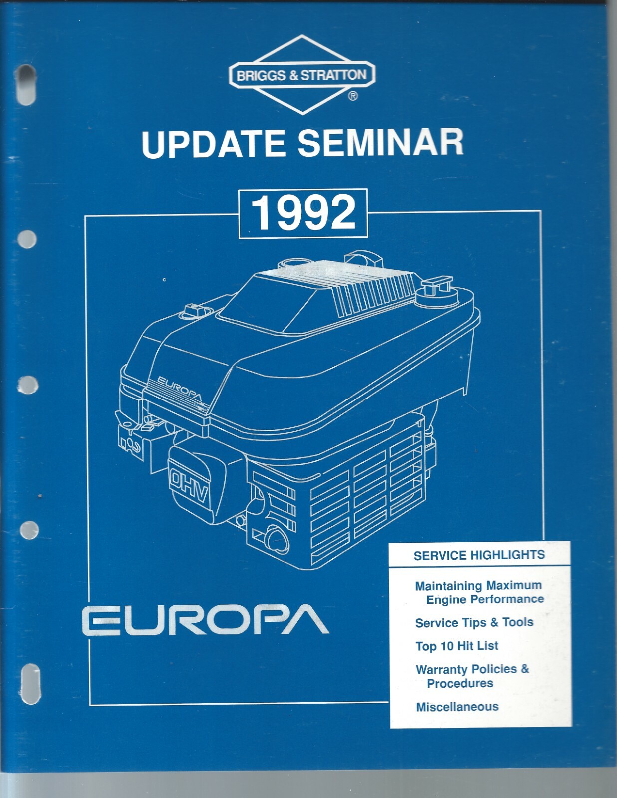 1992 Briggs & Stratton Update Seminar Service Manual MS-2508-10/91 Europa