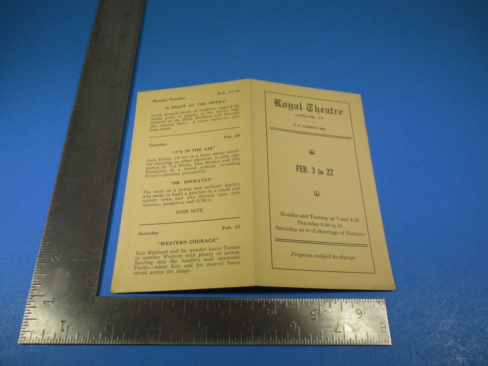 Vintage February 1922 Royal Theatre Ludlow Vermont Play Programs and Times S5732