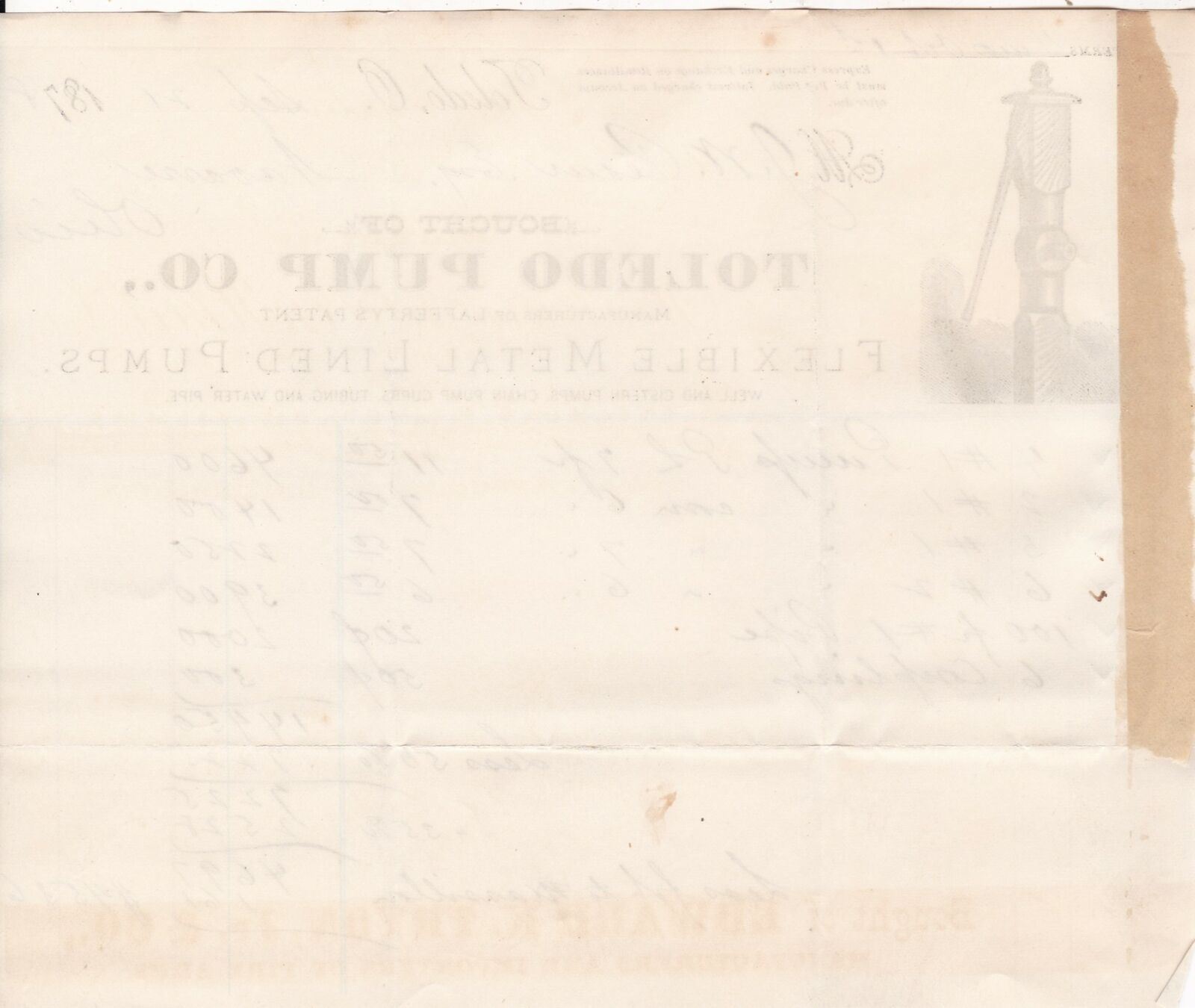 U.S. Toledo O. Toledo Pump Co. 1878 Metal Lined Pumps Goods Receipt Ref 37830