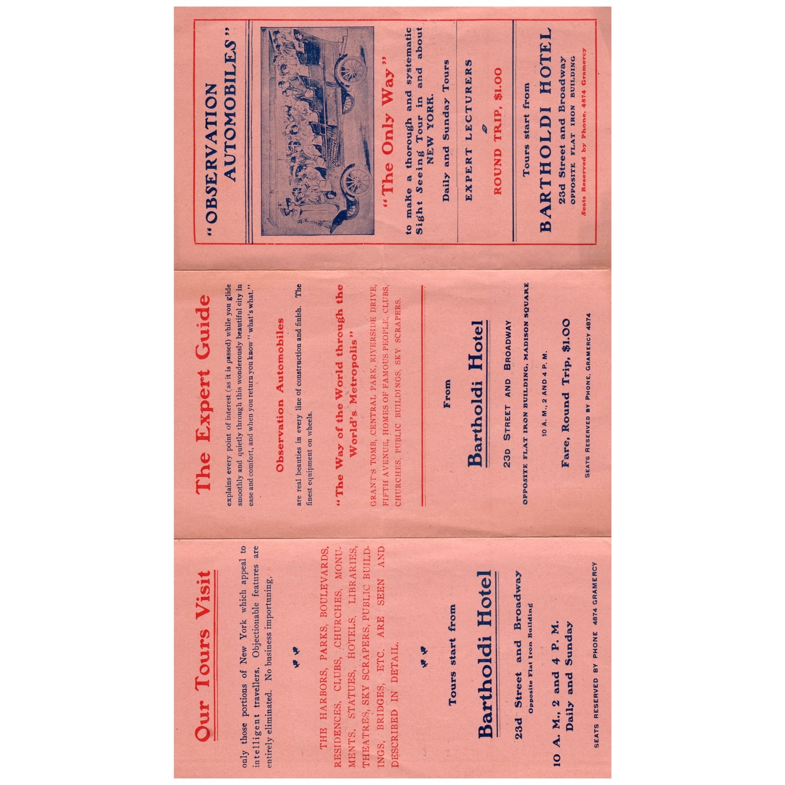 Antique Travel Brochure – Observation Automobiles Bartholdi Hotel Manhattan AD8
