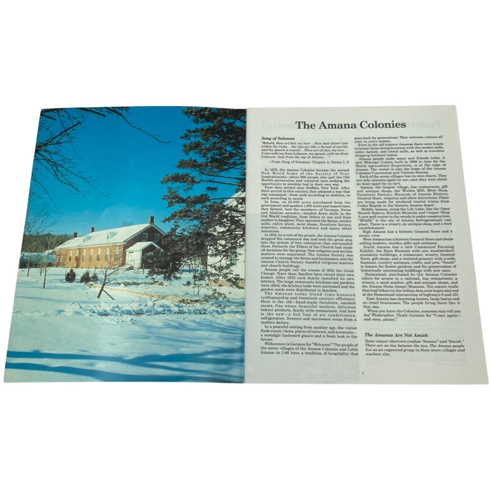 AMANA COLONIES Iowa Visitor’s Guide 1988 Vintage Travel Brochure Map History