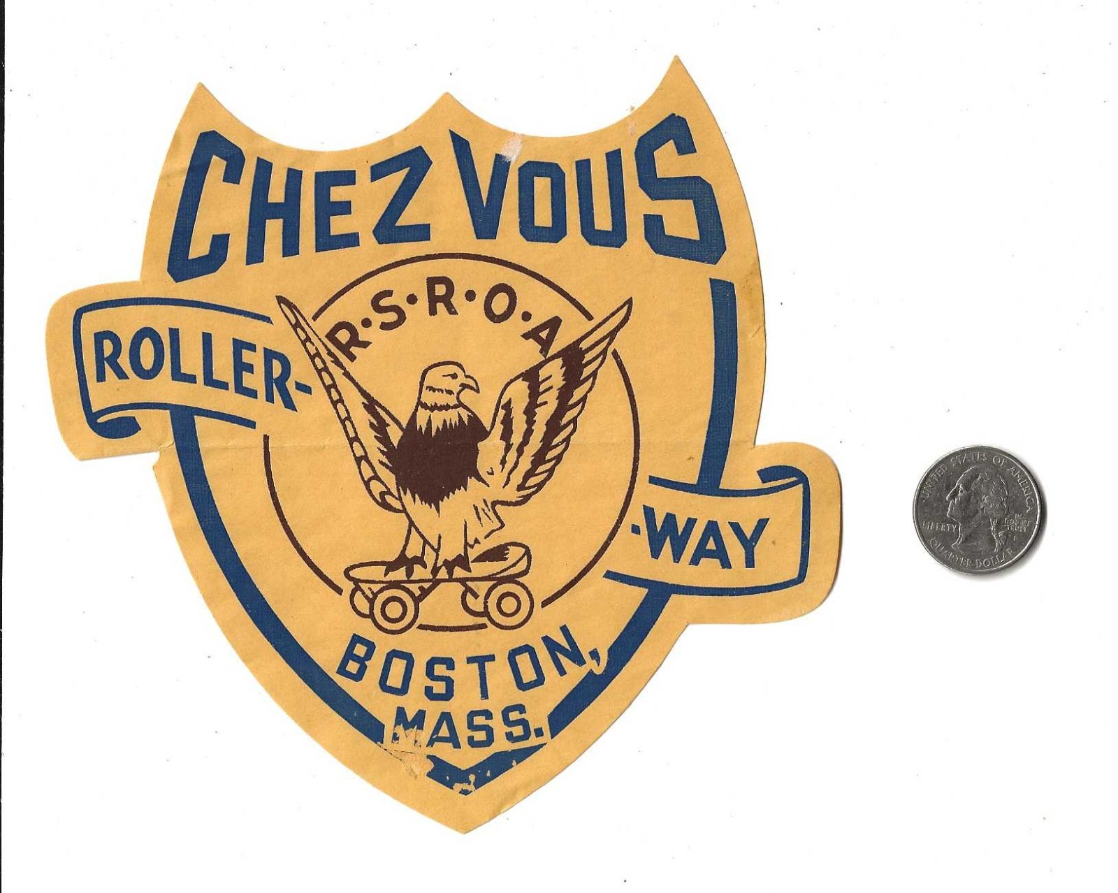 Roller Skating Rink Label CHEZ VOUS~Boston Mass~Eagle on Skate c1950s~VG