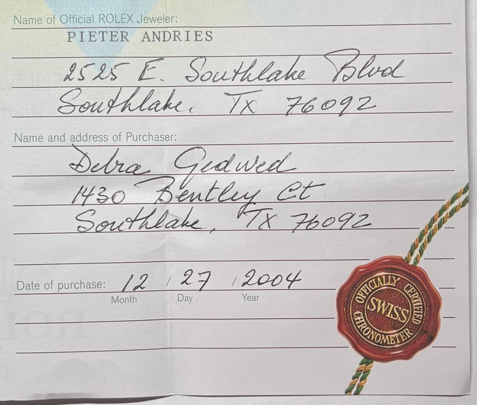 Rolex 80298 Pearlmaster Warranty Certificate Guarantee 2000s K Serial Cert