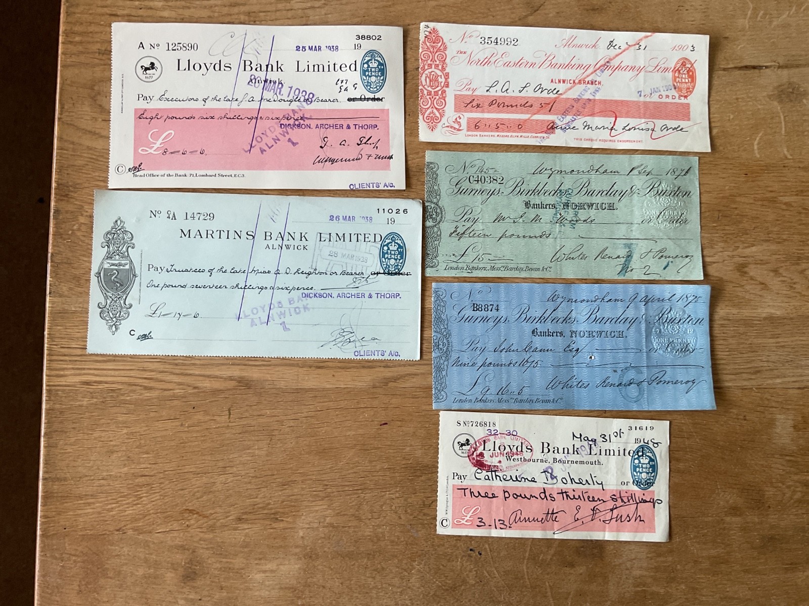 British vintage used cheques 6 items B5340
