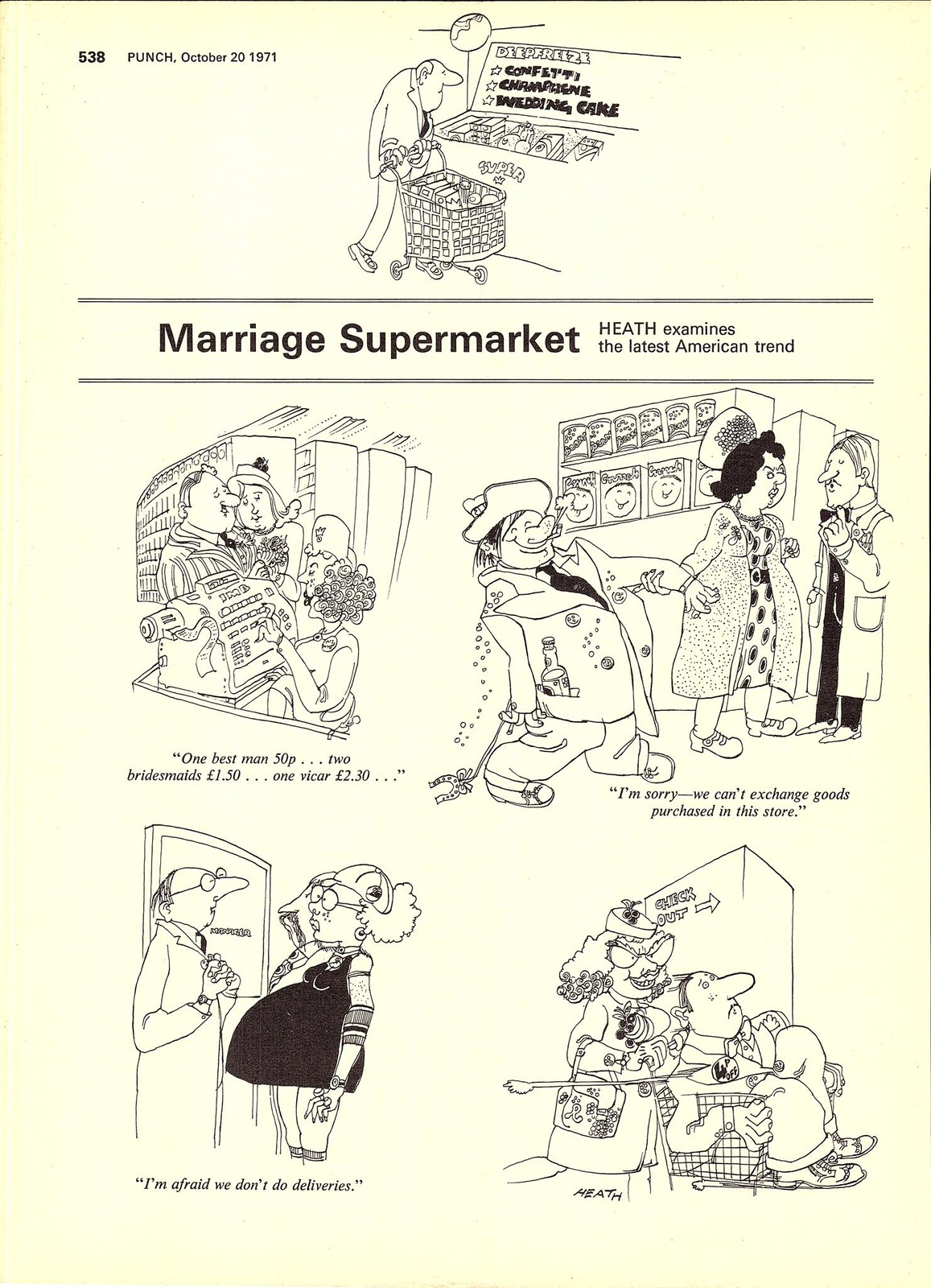 Original 1971 Punch Cartoon Page ‘Marriage Supermarket’ Vintage Print by HEATH