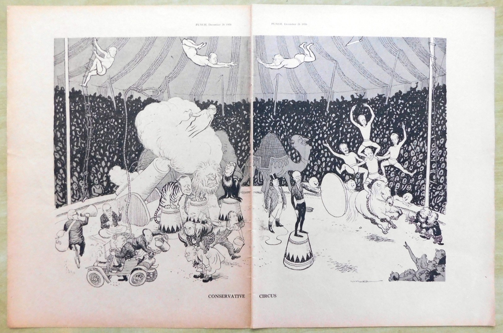1956 Punch Cartoon “Conservative Circus” Original 2-Page ILLINGWORTH Print