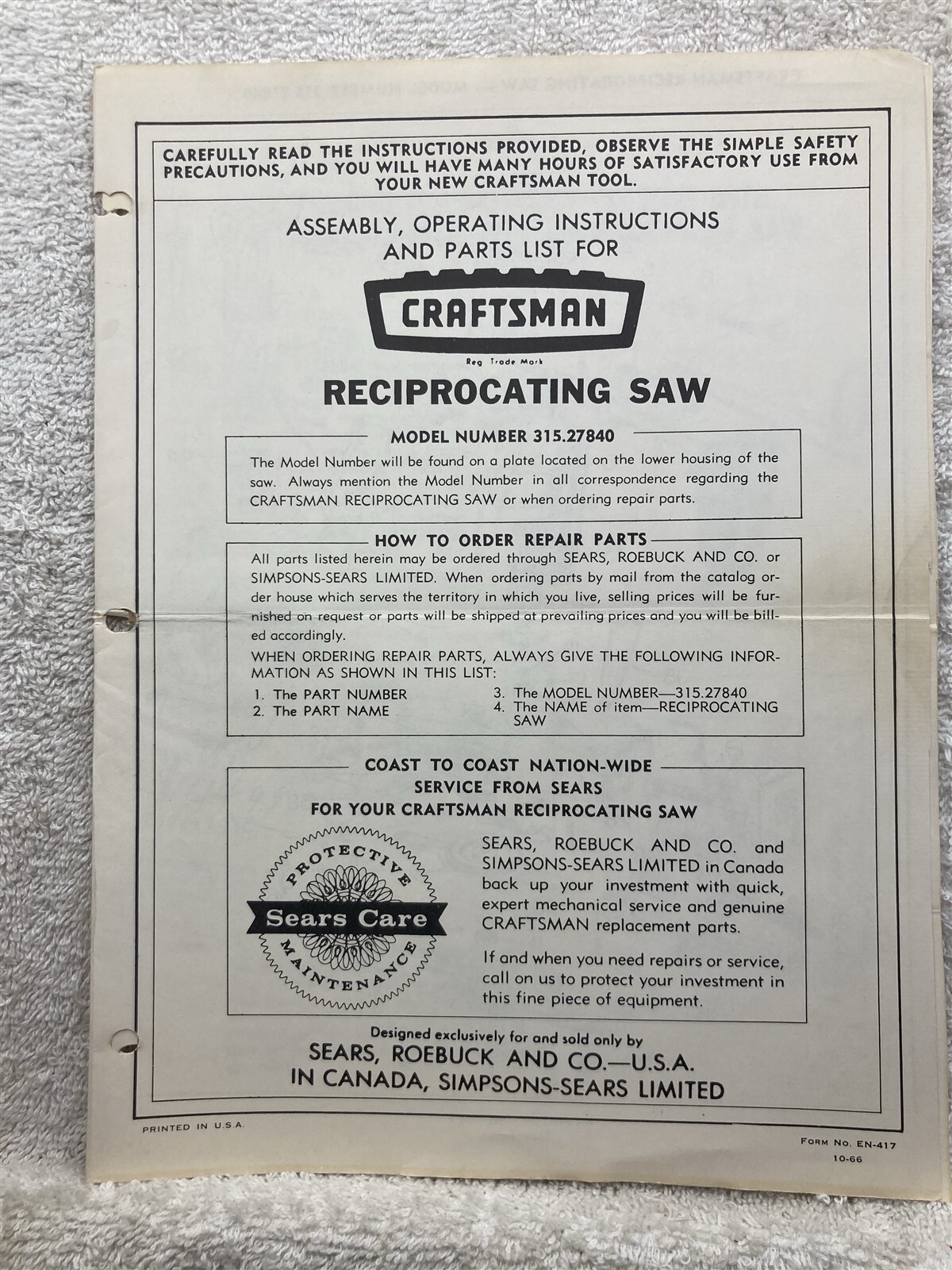 1986 Craftsman Sears Dual Speed Reciprocating Saw 900.271220 Owners Manual Vtg