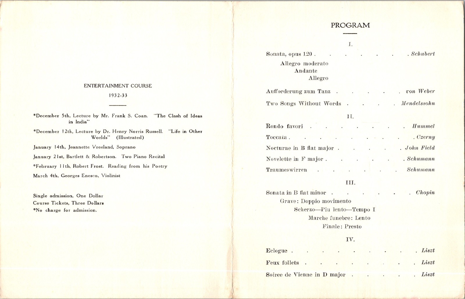 1932 Robert Goldsand Piano Recital Program Thomson Hall Wilson College PA