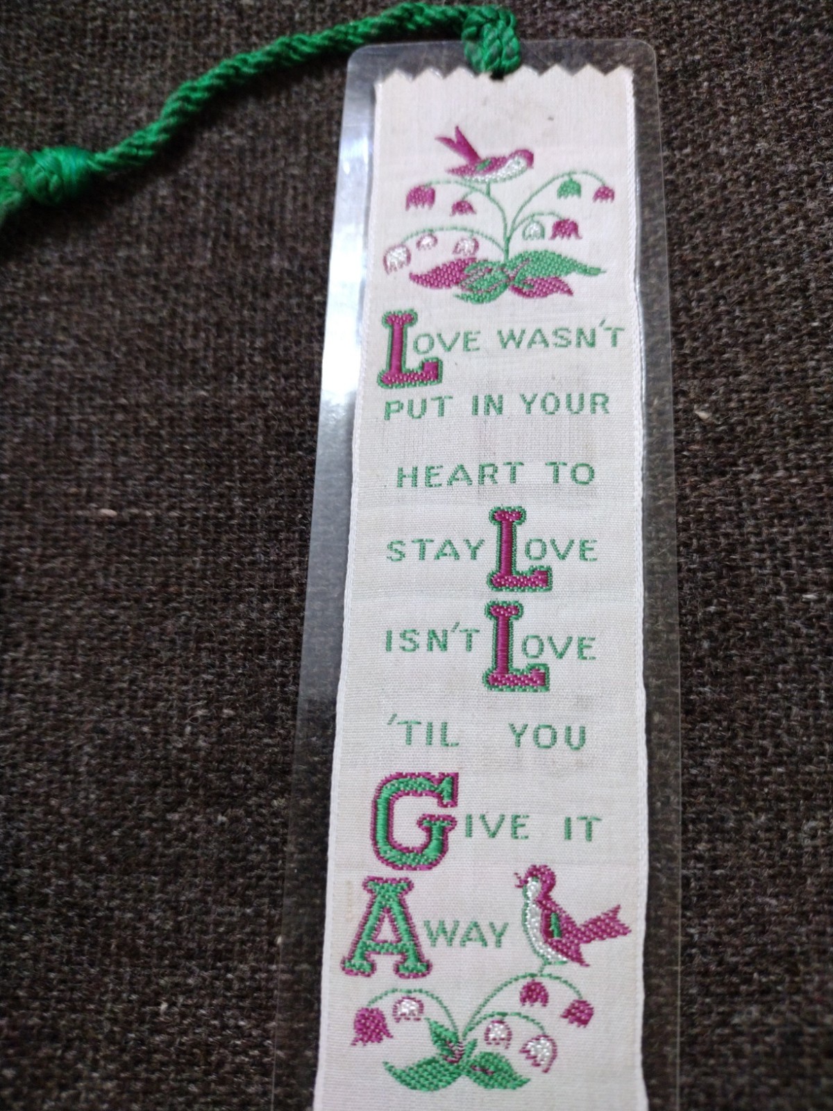 Vtg Weve A Gift Woven Bookmark Love Give It Away Birds Tassel Sound Of Music