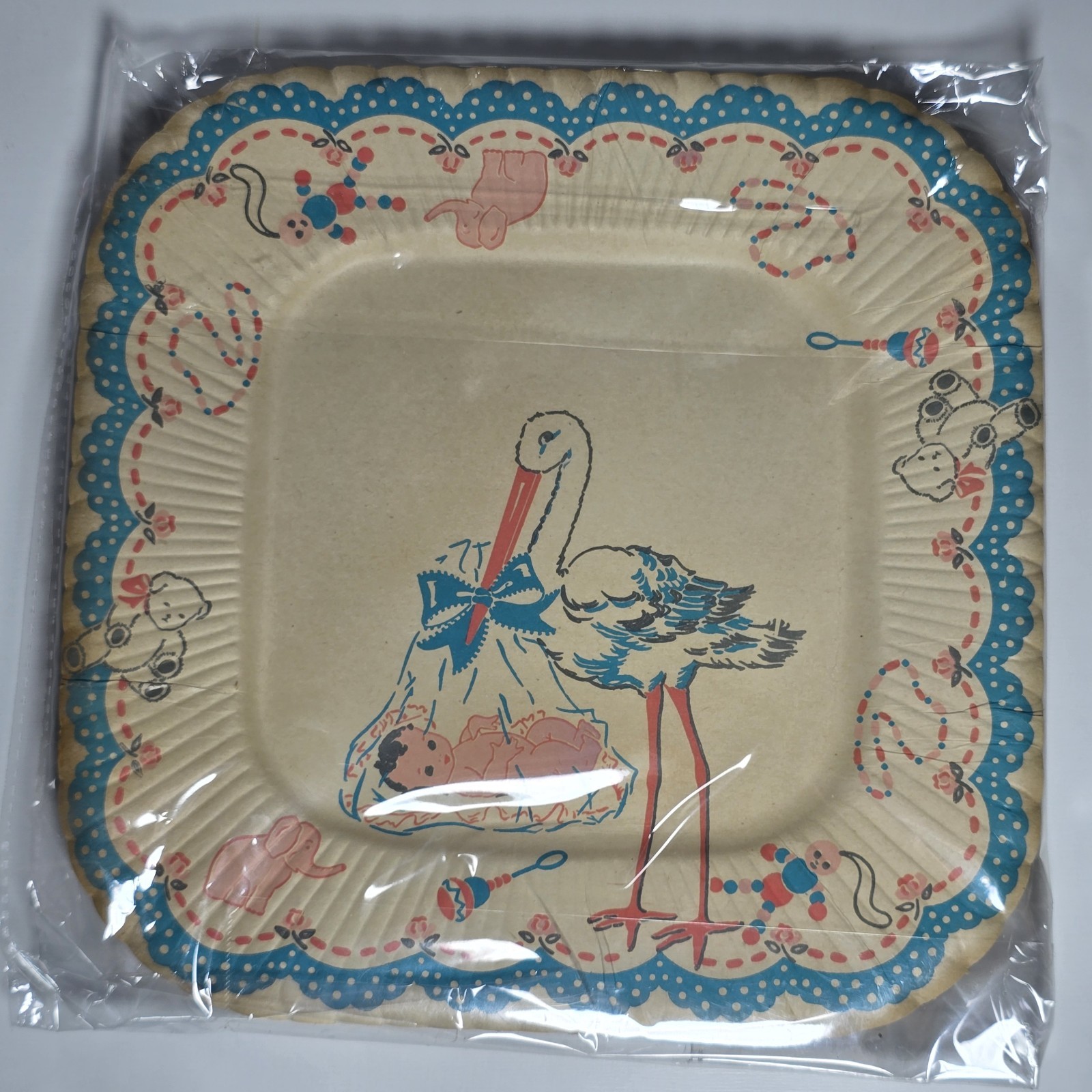1940’s-1950’s Vintage Reed’s Stork Baby Shower 9″ Paper Party Plates 7 Unused