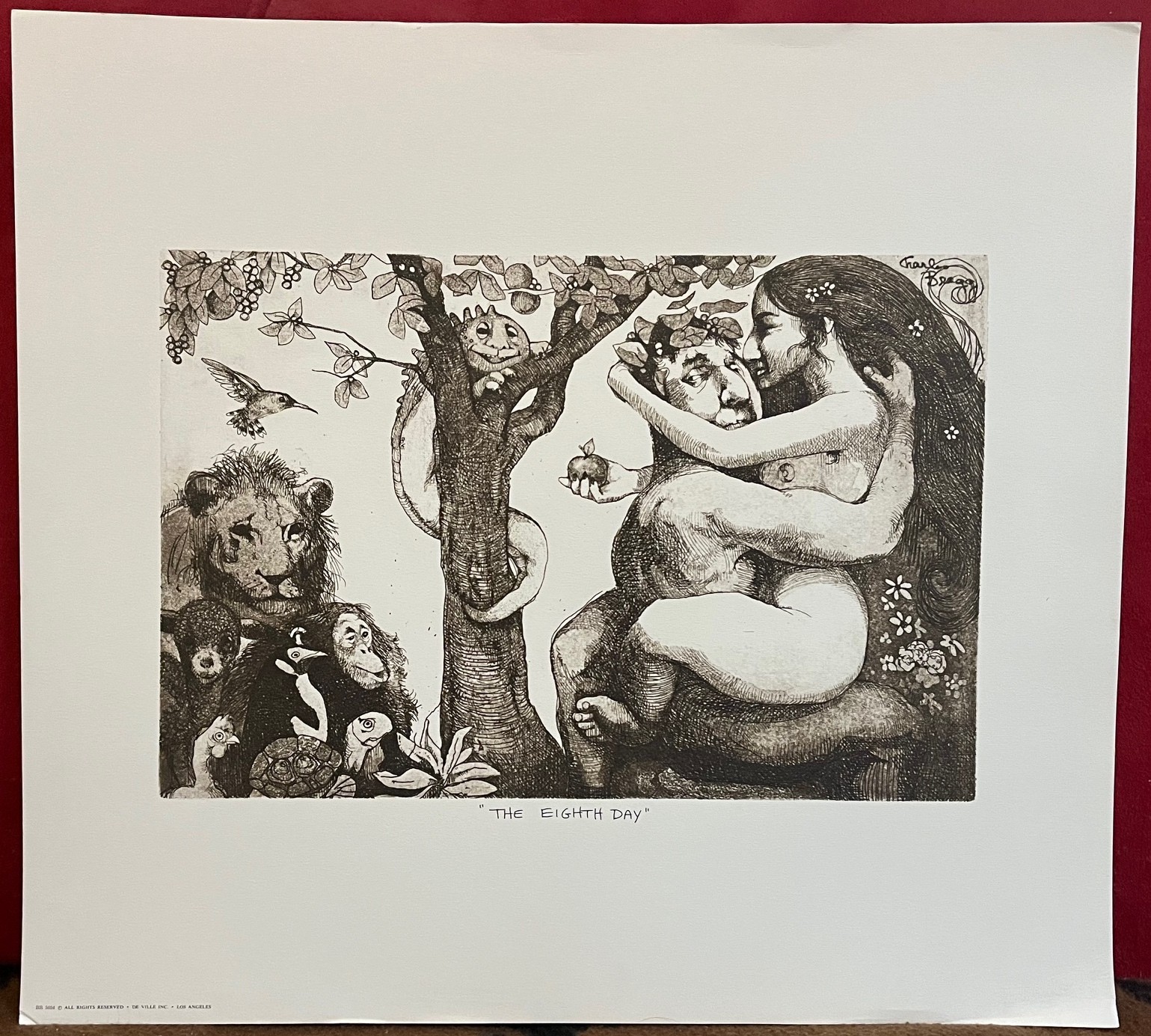 RARE CHARLES BRAGG VINTAGE 1970s ETCHING PRINT – THE EIGHTH DAY – 14-1/2″ X 16″