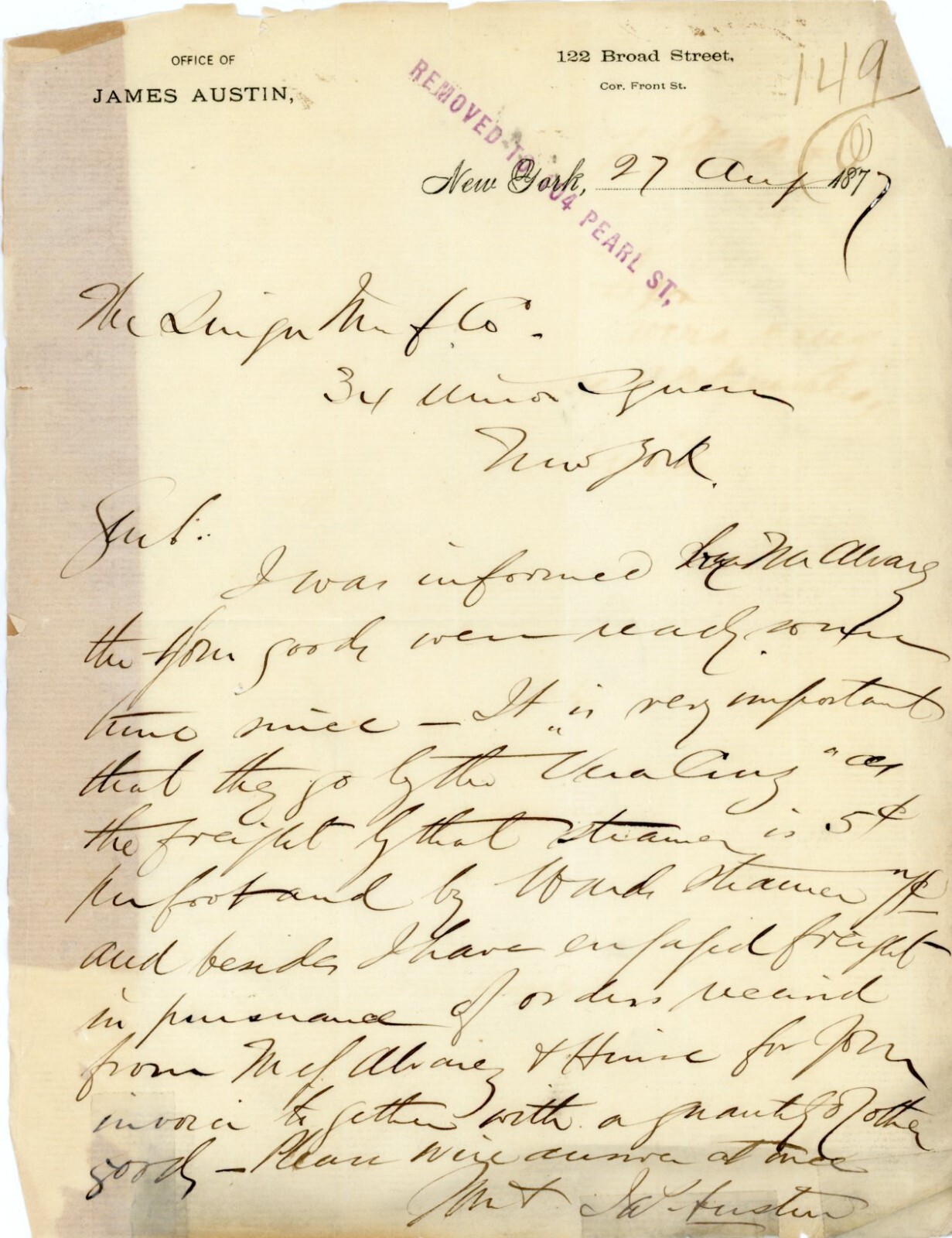 James Austin – Handwritten Letter Bus. Correspondence To Singer Manu. Co. 1877