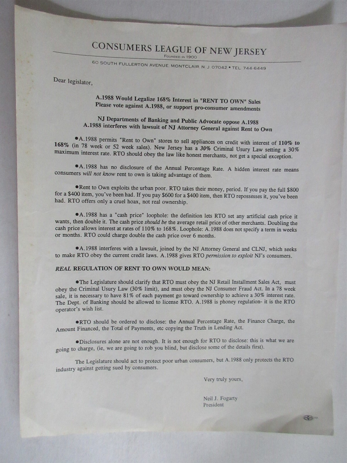 Consumer League of New Jersey letter vote against A.1988 Rent to Own letter