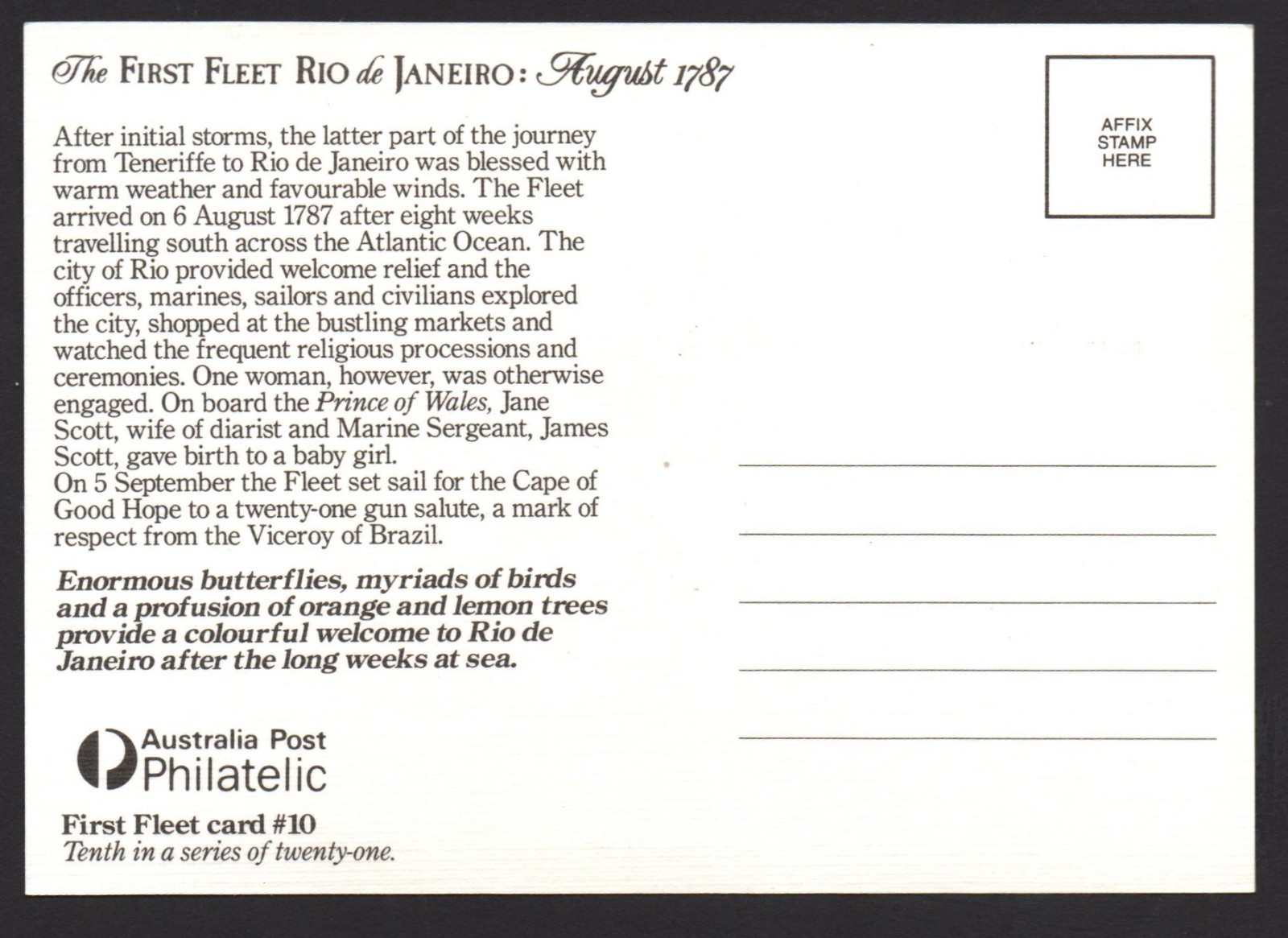 UNUSED AUSTRALIAN POSTCARDS ” THE FIRST FLEET ARRIVAL – 1788 Card No. 10 ” 1988