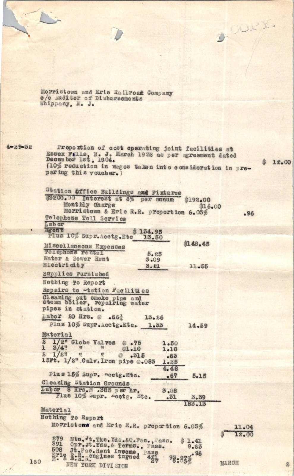Morristown & Erie RR 1932 Ledger Essex Falls NJ Railroadiana Accounting