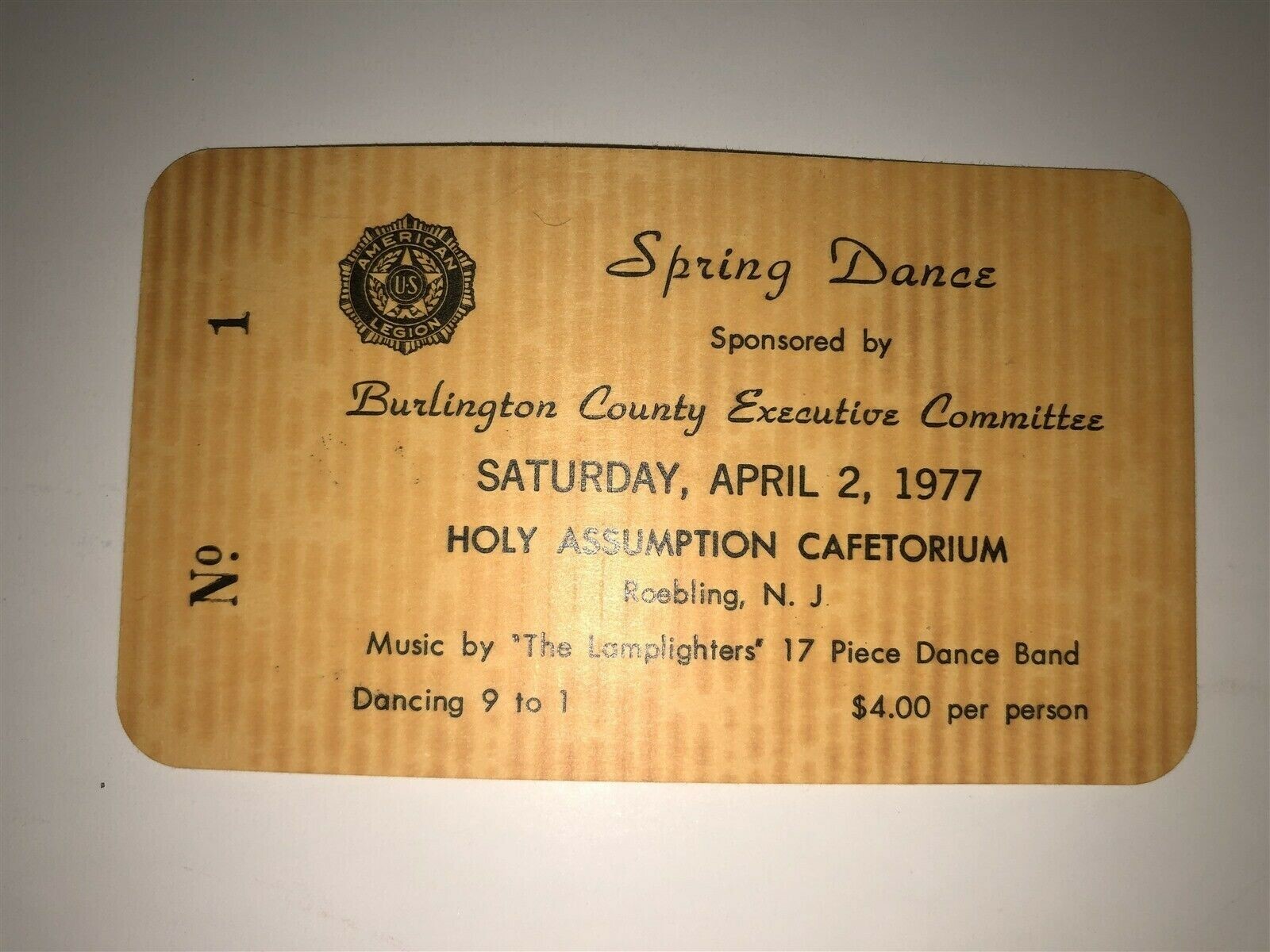 1977 Spring Dance Burlington County Ticket Roebling American Legion NJ Vtg