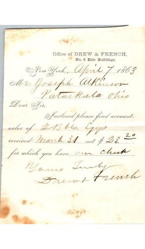 1863 Civil War Era Letter – Drew & French NY Merchant Correspondence Document