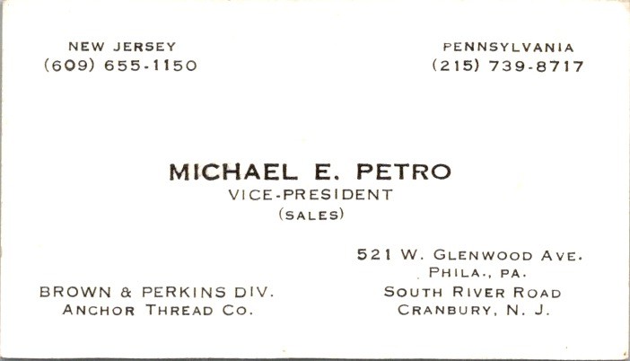 Anchor Thread Co Brown & Perkins Div VP Sales Business Card 1960s-80s NJ PA