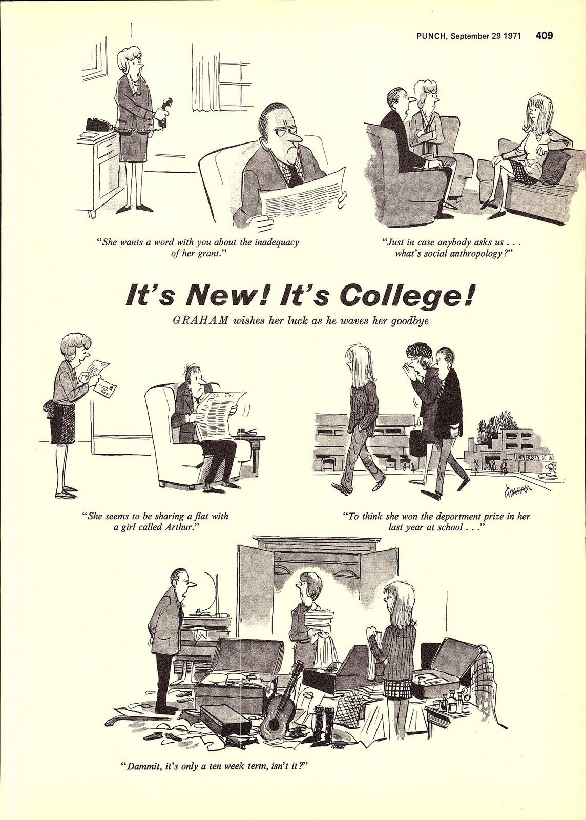 Original 1971 Punch Cartoon Page ‘IT’S NEW! IT’S COLLEGE!’ Vintage GRAHAM Print