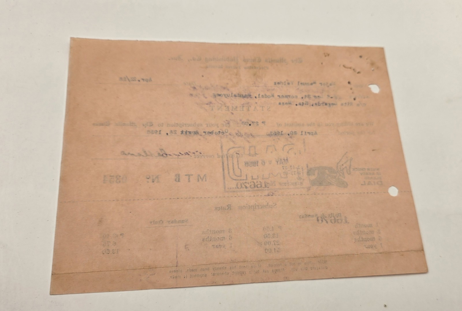 1958 The Manila Times Publishing Company Inc., Subscription Billing Statement.