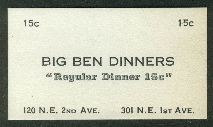 Big Ben Dinners Regular Dinners 15c business card ca 1930s city unknown