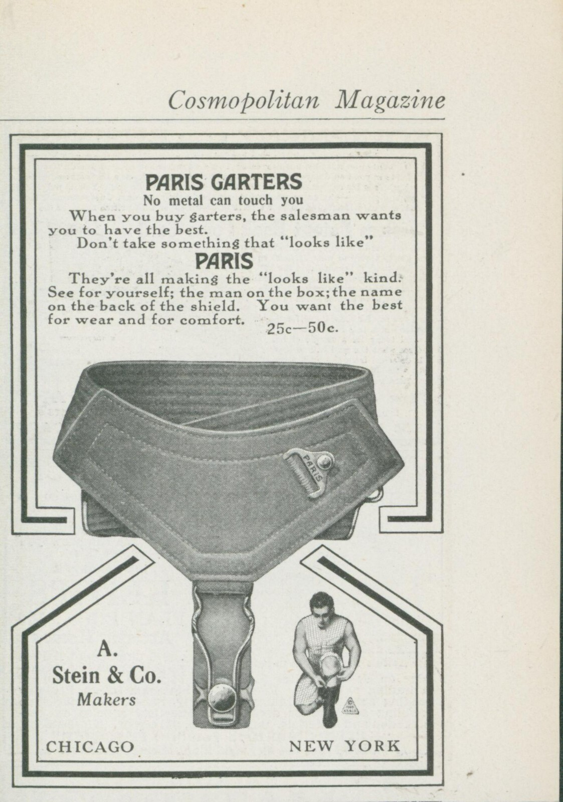 1914 Paris Garters For Socks Men Stein Co No Metal Touches Skin Vtg Print Ad CO3