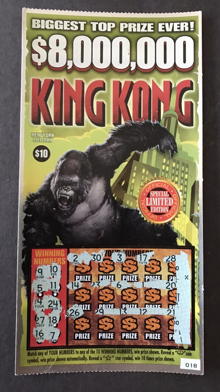 King Kong Instant Lottery Ticket Large 4 by 8 inches, expired , no cash value