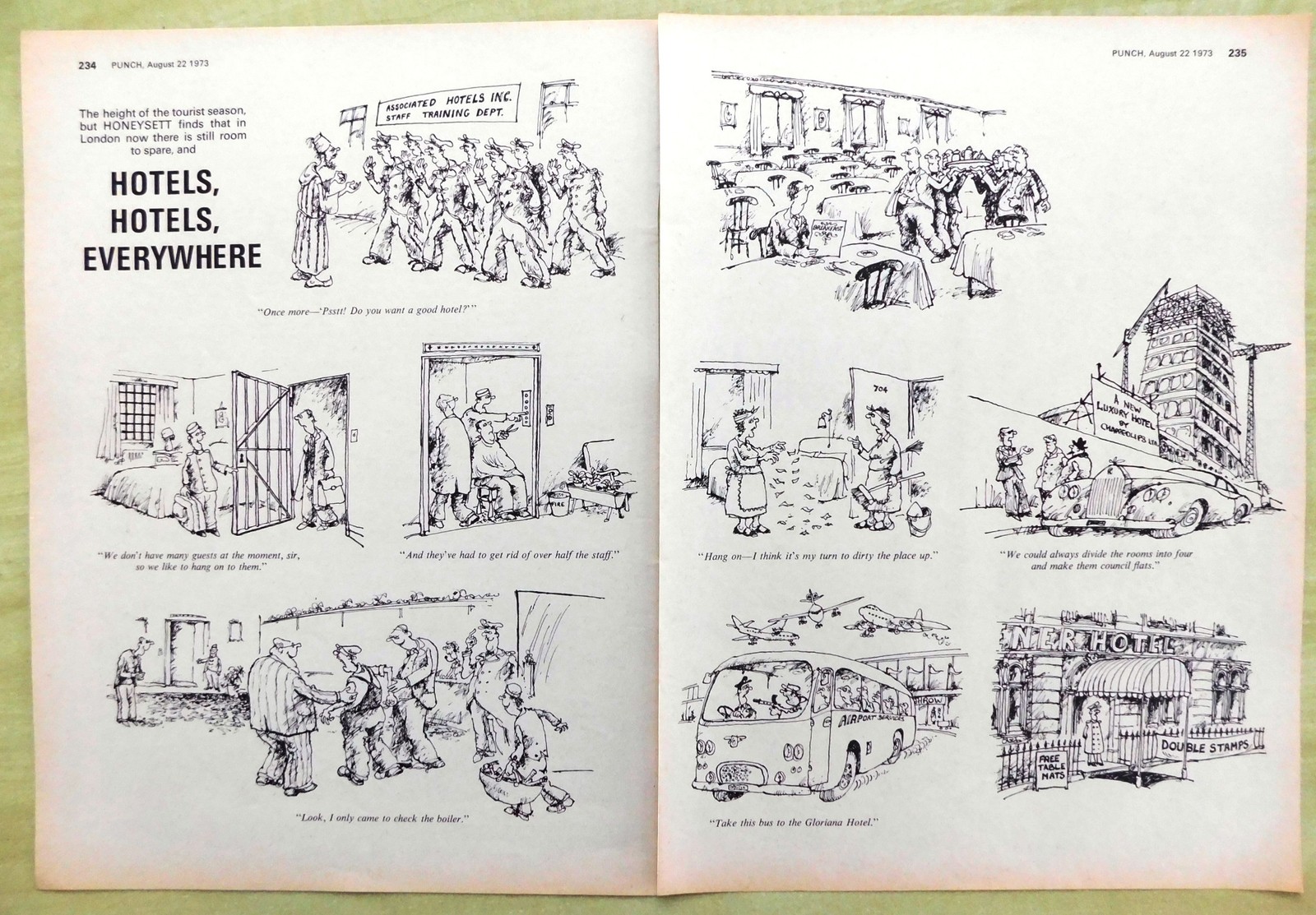 1973 Punch Cartoon “Hotels, Hotels Everywhere” Original 2-Page HONEYSETT Print