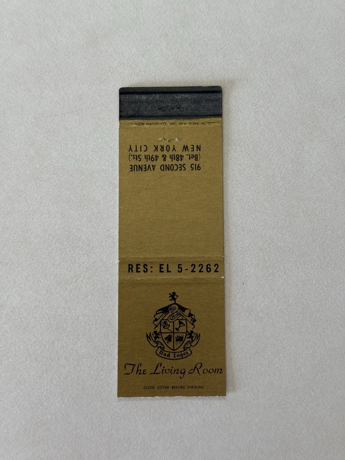 The Living Room New York City Vintage Matchbook Cover W