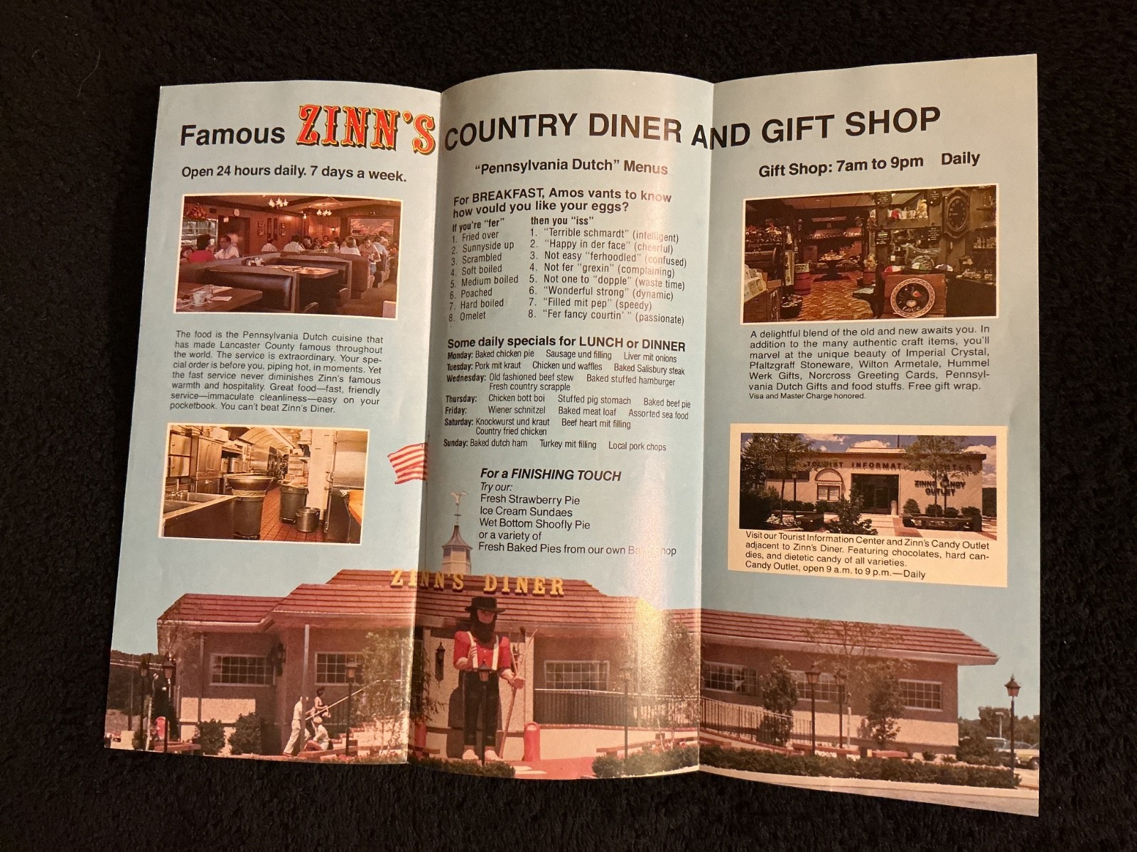 ZINN’S COUNTRY DINER BROCHURE (1980s) LANCASTER/DENVER, PENNSYLVANIA DUTCH Amos