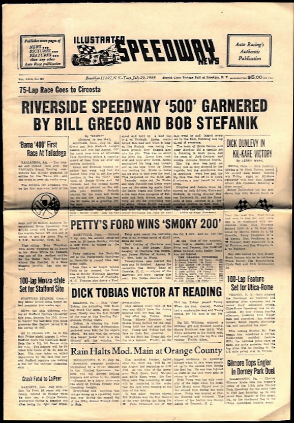 ILLUSTRATED SPEEDWAY NEWS 7/29/1969 Riverside 500 Petty Smoky 200 Tobias Reading