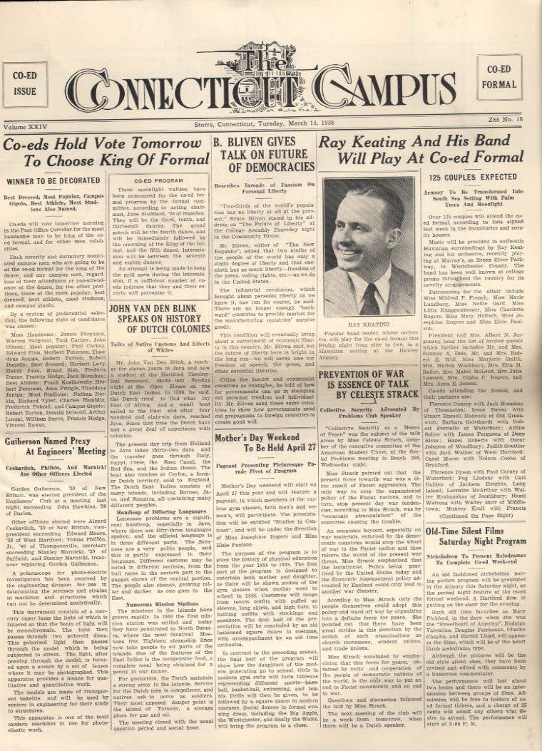 University of CONNECTICUT CAMPUS daily 3/15 1938 Ray Keating girls basketball