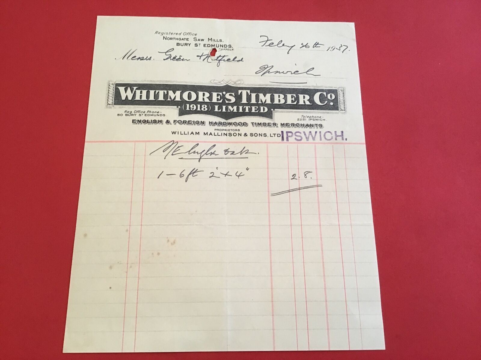 Whitmore’s Timber Co 1937 Ipswich receipt R34380