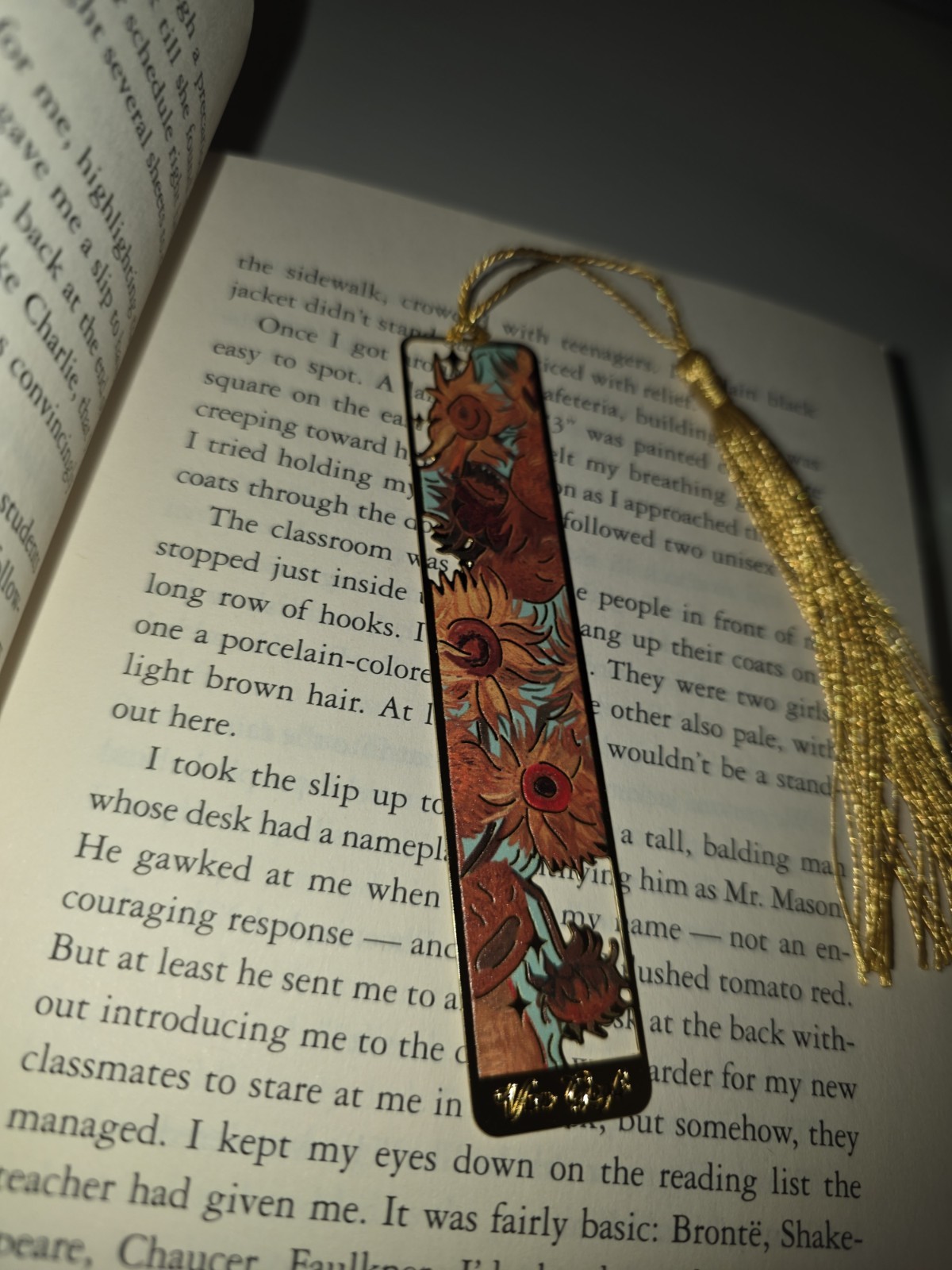 Sunflower Floral Thin Metal Bookmark Rectangle Multicolor Pattern w/ Gold Tassel