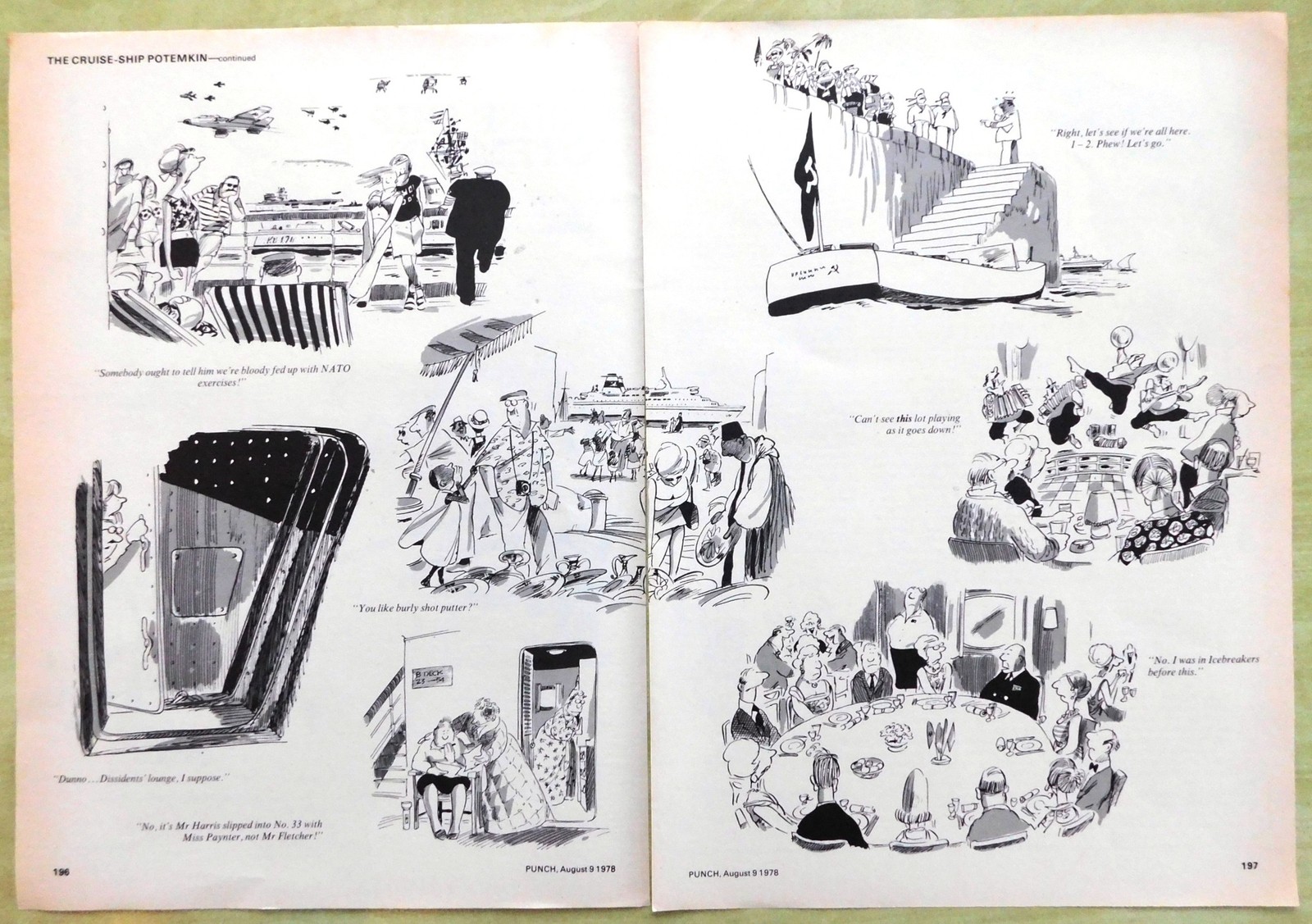 1978 Punch Cartoon “The Cruise-Ship Potemkin” Original 2-Page BILL TIDY Print