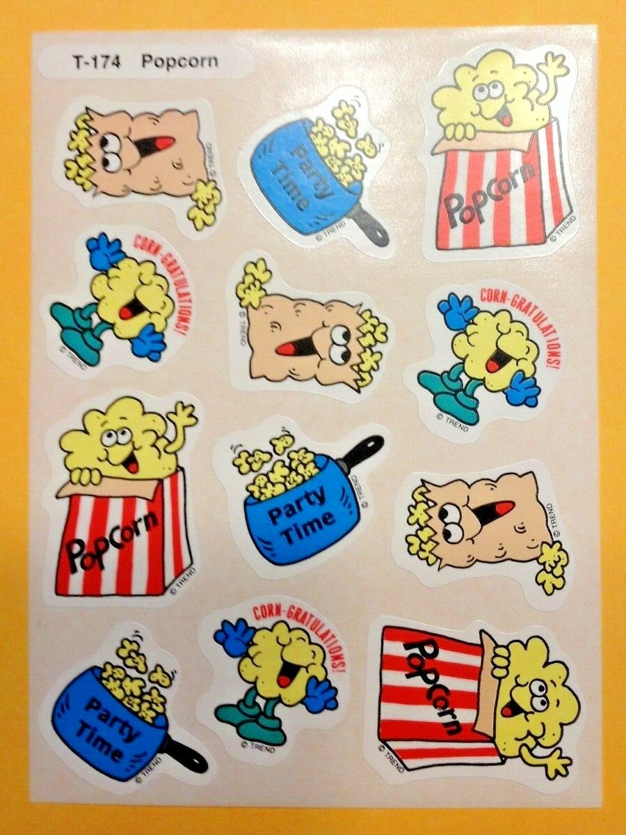 Vintage TREND Scratch & Sniff Stinky Sticker Sheet Die Cut POPCORN Scent RARE