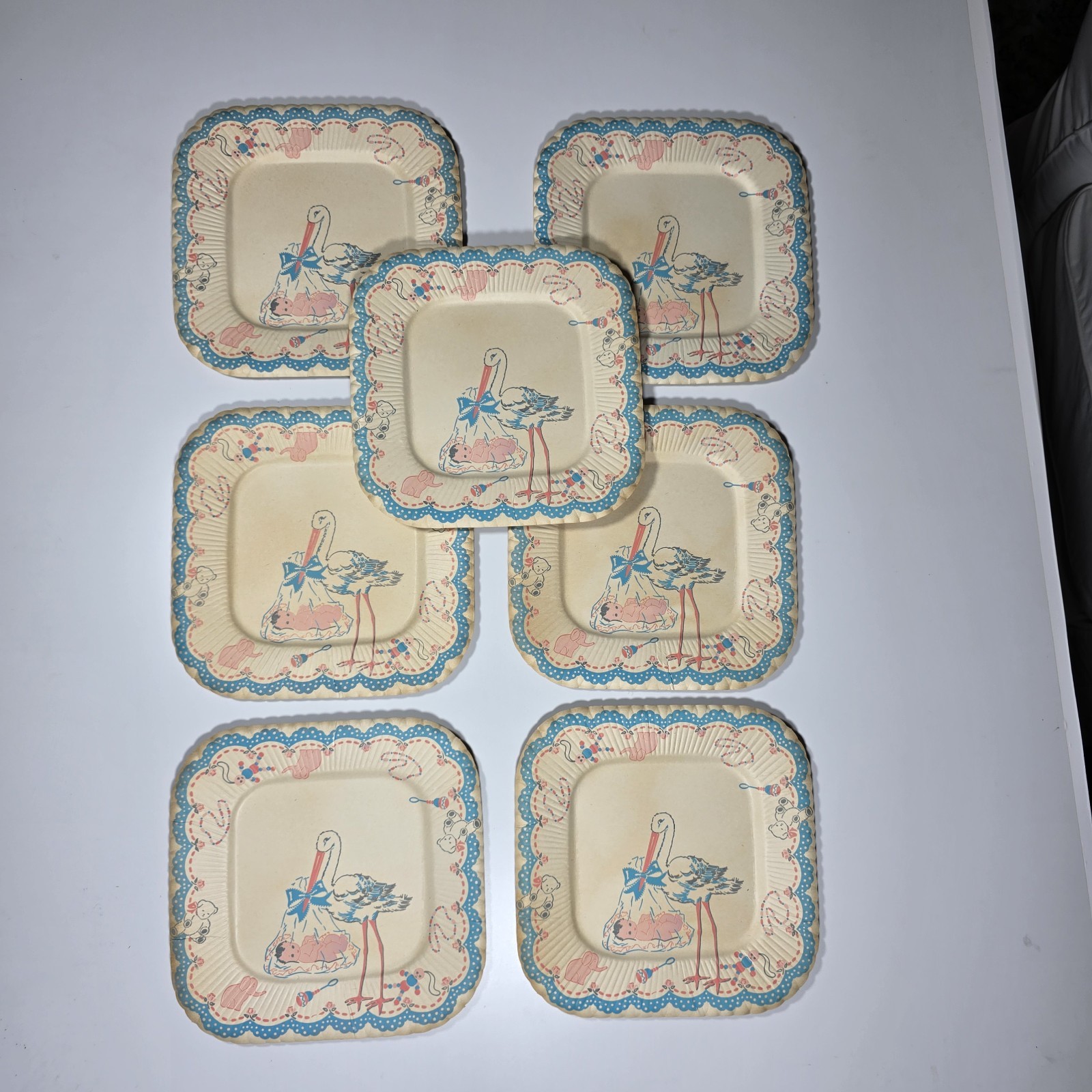 1940’s-1950’s Vintage Reed’s Stork Baby Shower 9″ Paper Party Plates 7 Unused