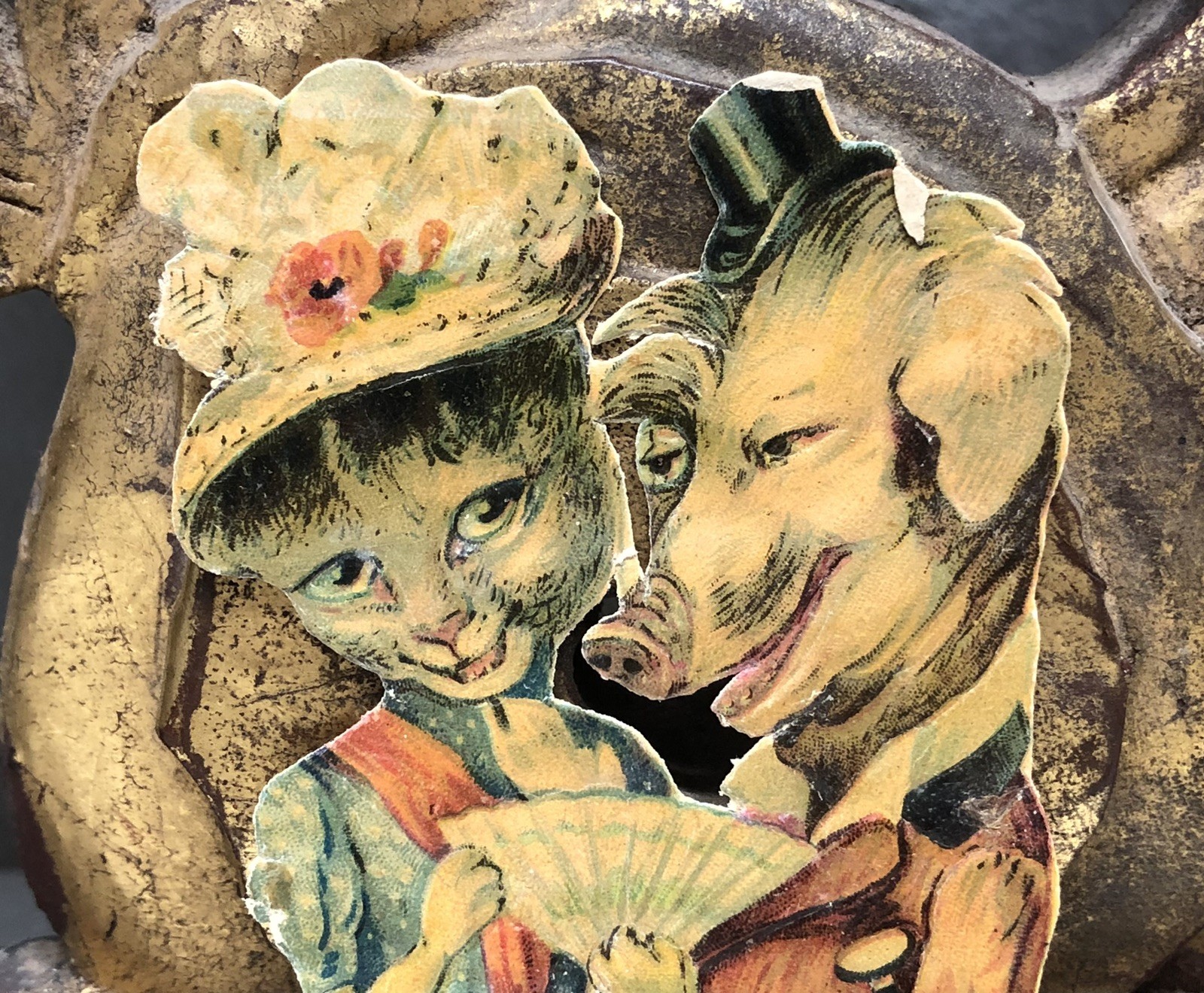 Die Cut Scrap of a Cat & Pig Humorous Couple In Human Clothing – L12