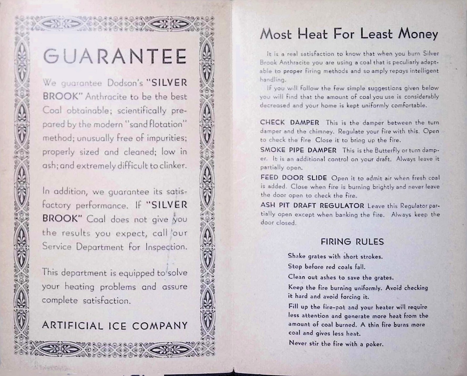 Silverbrook Coal Guarantee & Firing Guide Artificial Ice Co c1910s-30s