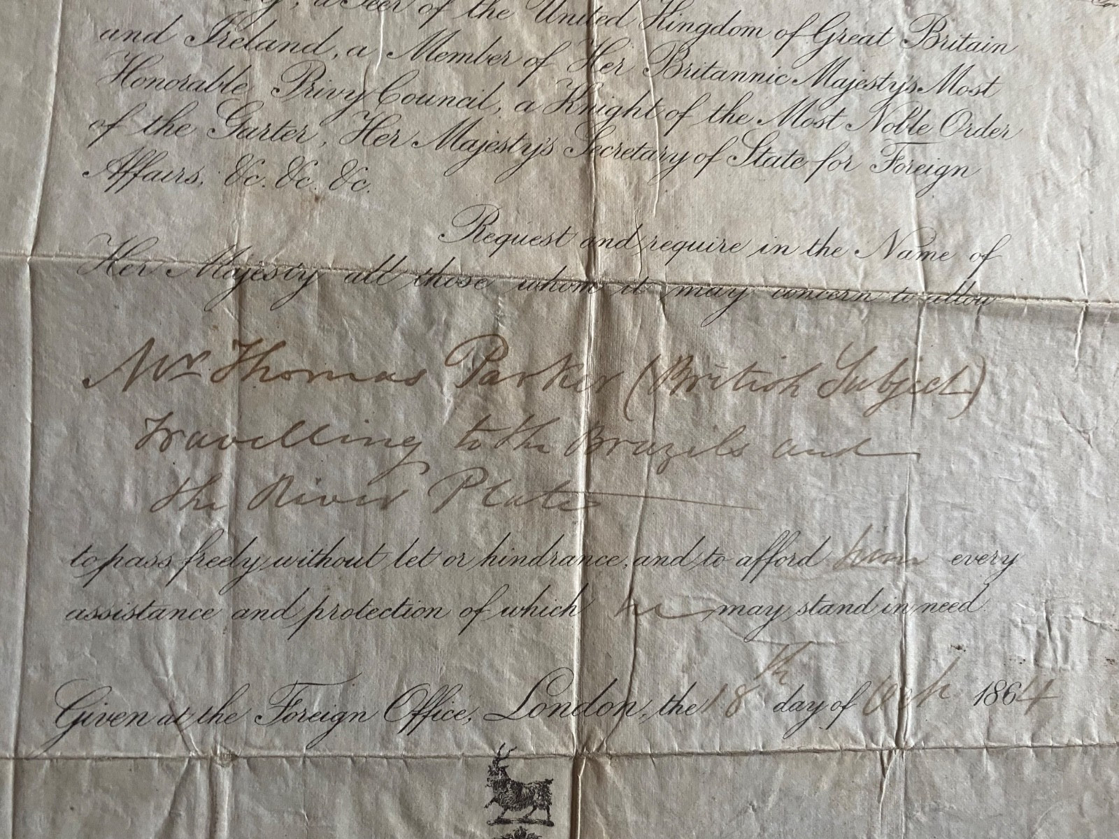 BRAZIL INTEREST – 19TH CENTURY LICENSE TO TRAVEL TO BRAZIL AND RIVER PLATE 1864