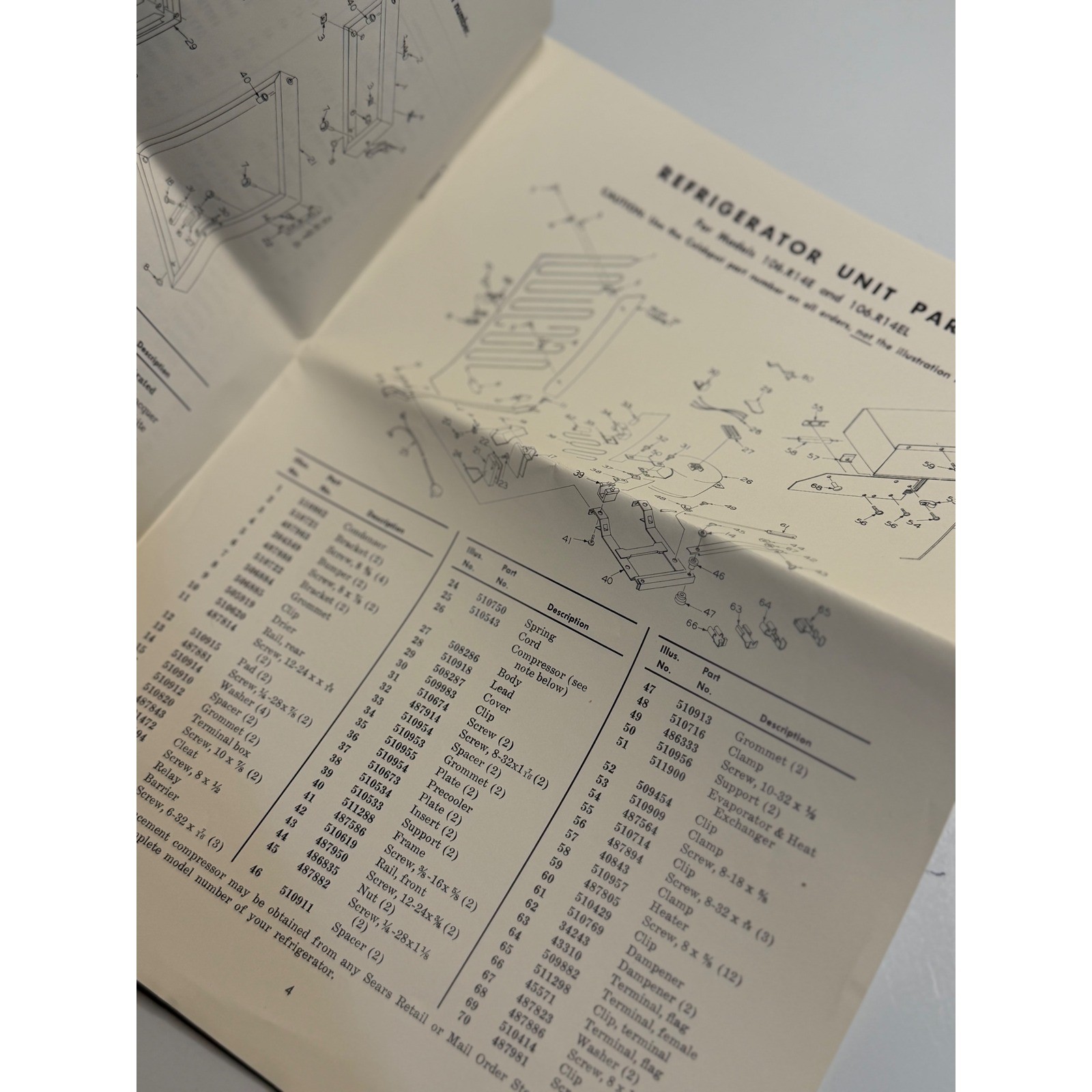 VTG Coldspot Refrigerator Repair Parts List Manual Sears 106.R14E 106.R14EL