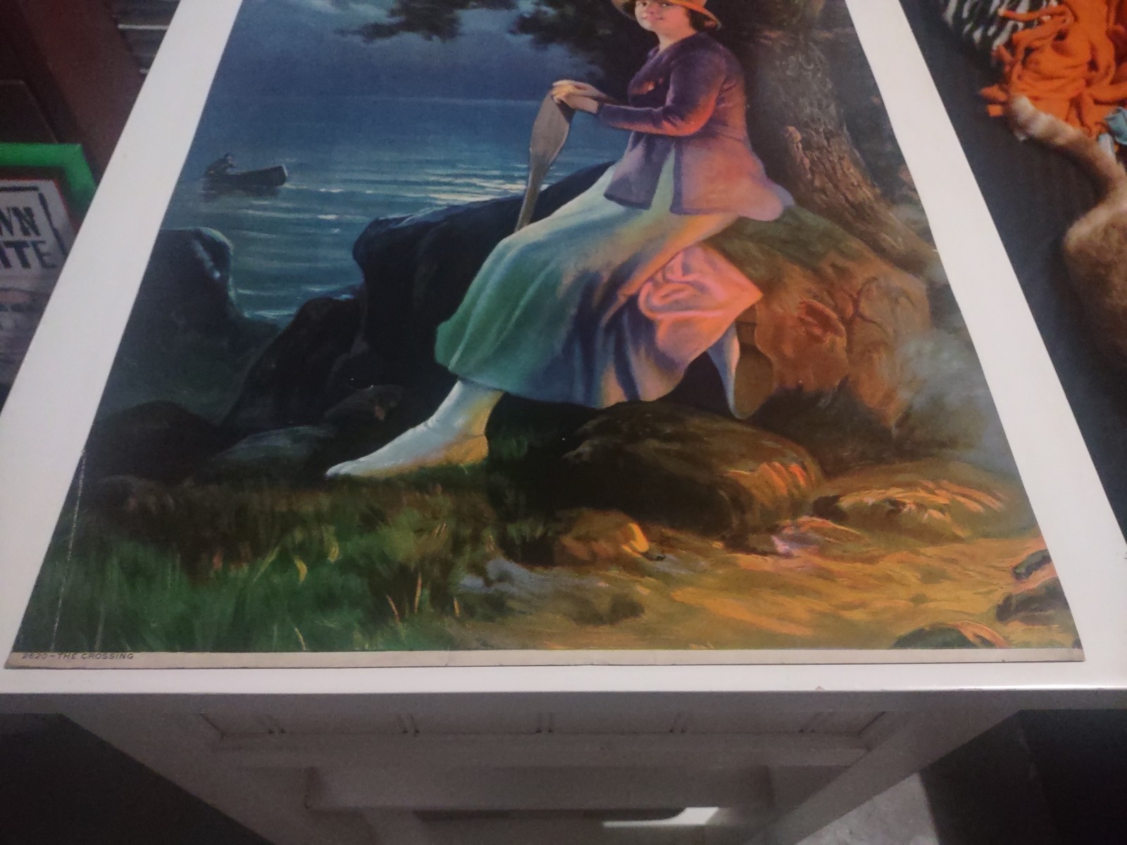 EARLY 1900’S VINTAGE CHROMOLITHOGRAPH PRINT YOUNG WOMAN MOONLIGHT CANOE PADDLE