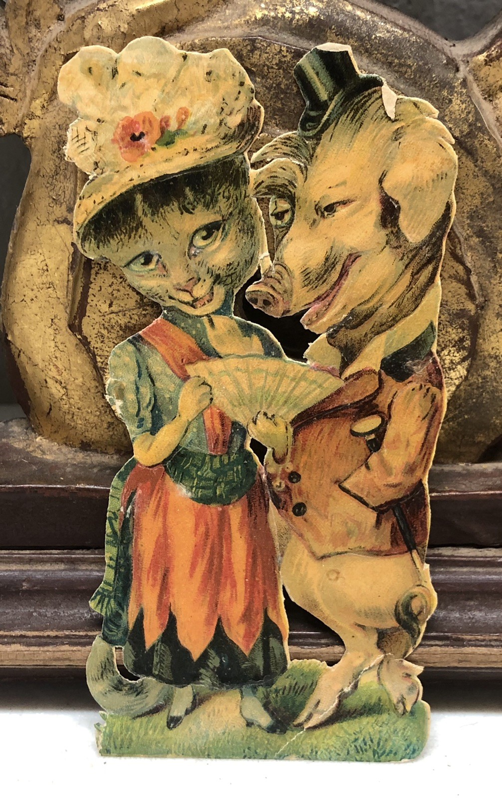 Die Cut Scrap of a Cat & Pig Humorous Couple In Human Clothing – L12