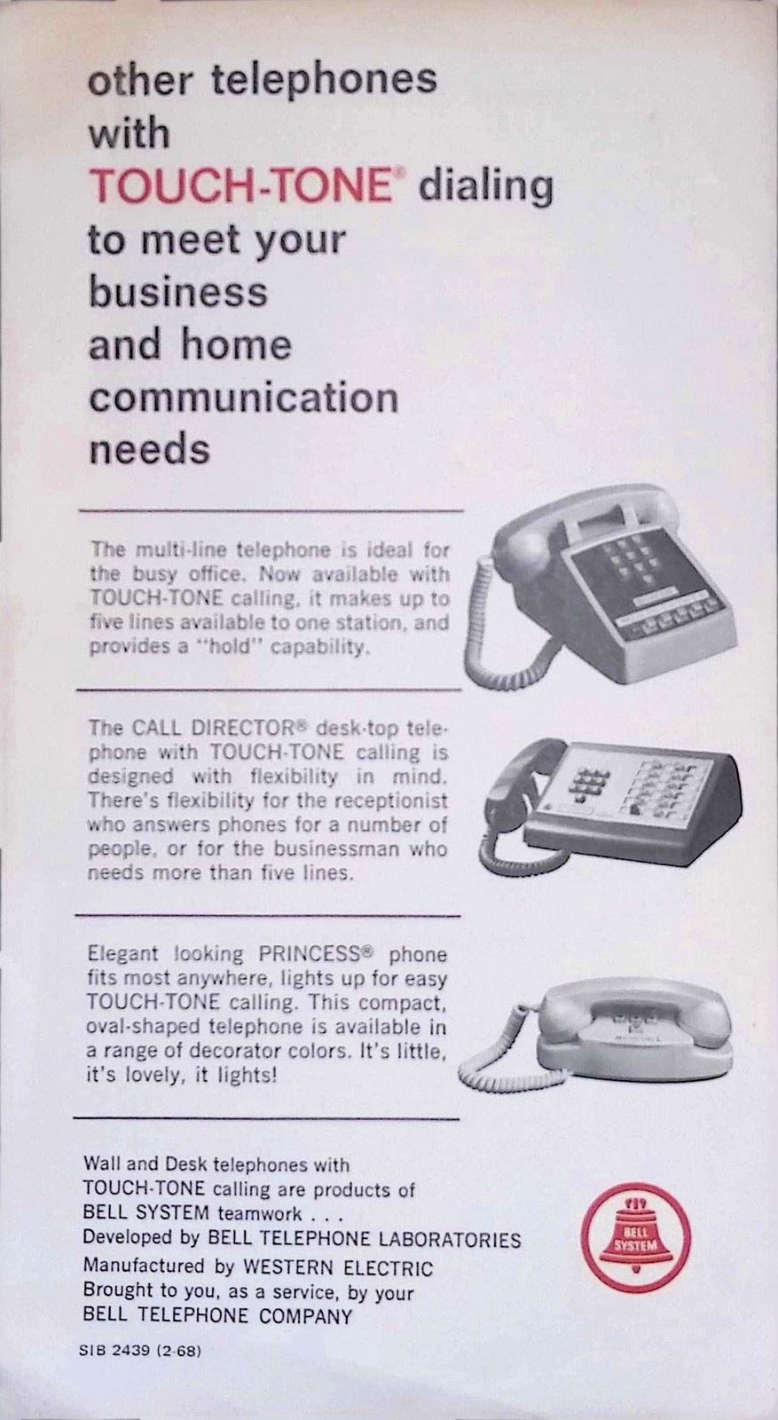 1968 Bell System TOUCH-TONE Dialing Manual Booklet SIB 2439 Phone