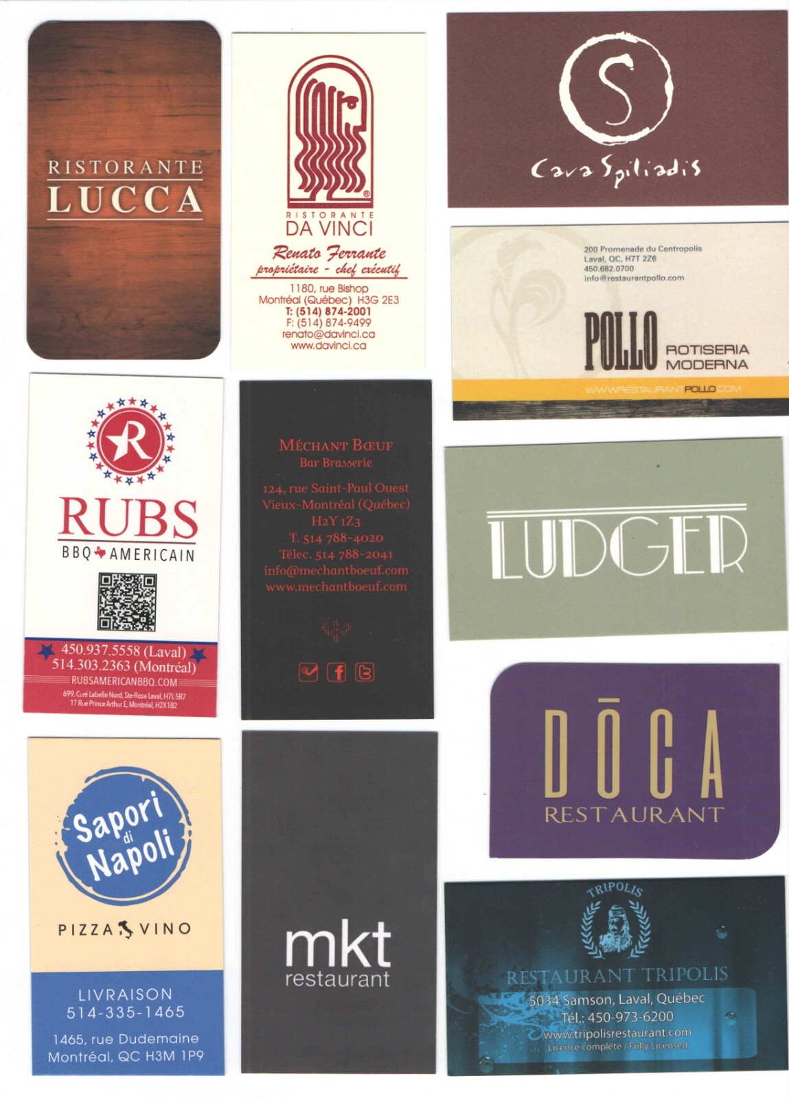 Montreal + AZ + FL + NV Restaurant Business Card Lot 50 different CARDS