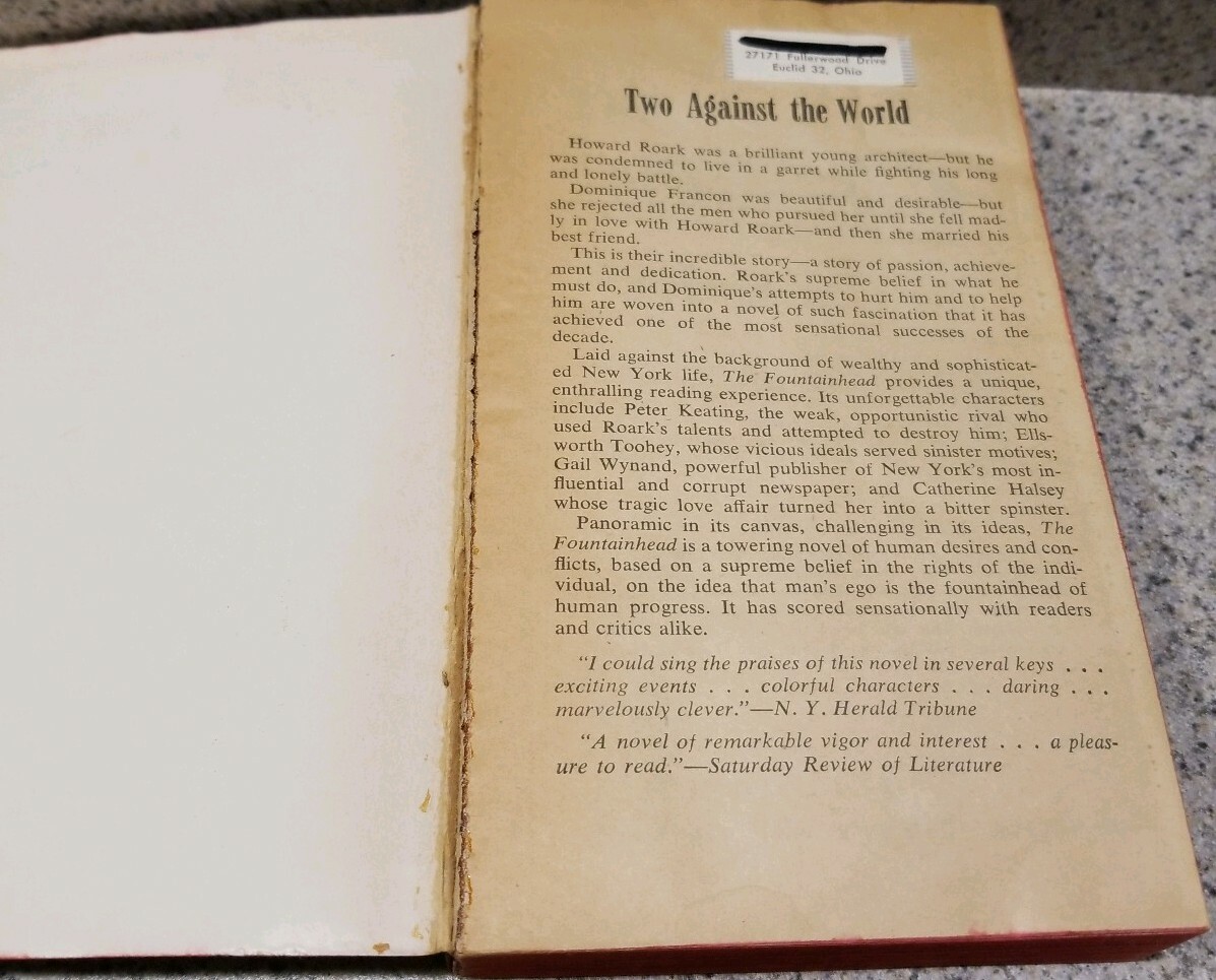 THE FOUNTAINHEAD by AYN RAND Paperback Soft Cover Book ~ 1958 4th Printing RARE