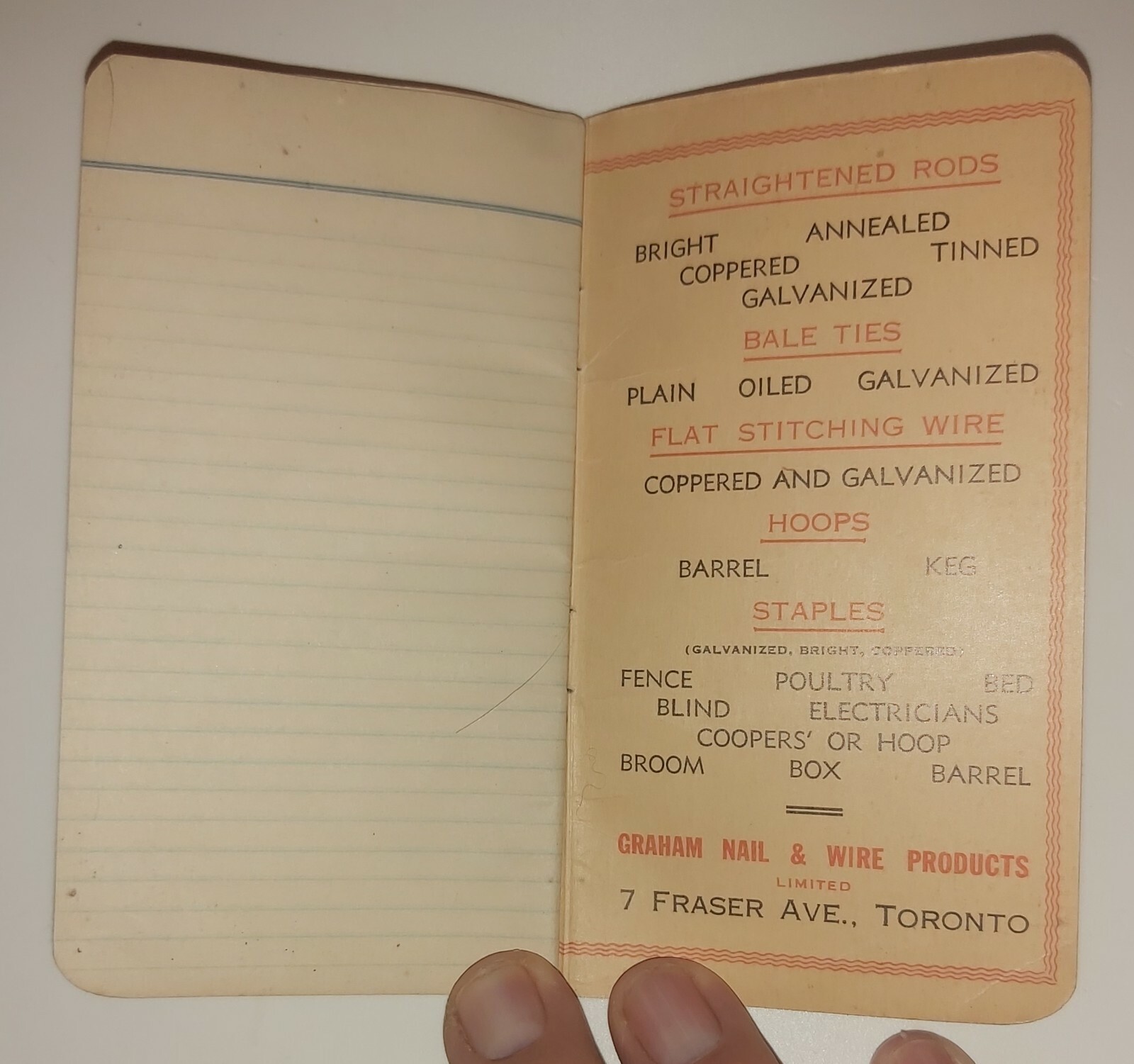 RARE(TORONTO) 1947 “GRAHAM NAILS -KEG WITH THE RED END” LINED PAGE NOTEBOOK-VG