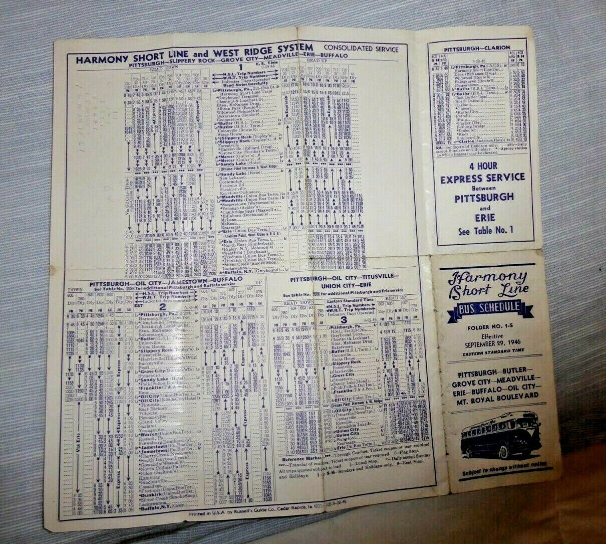 VINTAGE BUS TIMETABLE HARMONY SHORT LINE PITTSBURGH BUFFALO OIL CITY ERIE 1946