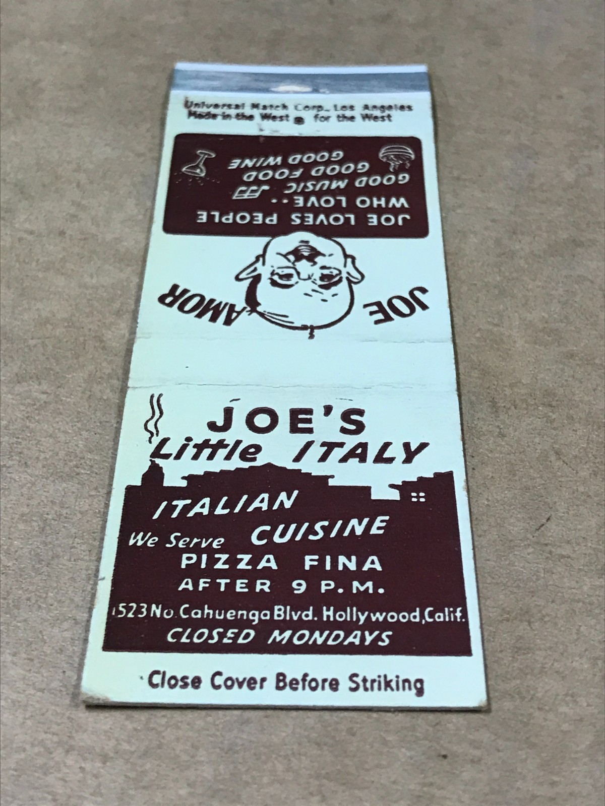 Vintage Joe’s Little Italy – Hollywood, California – Matchcover, Matchbook